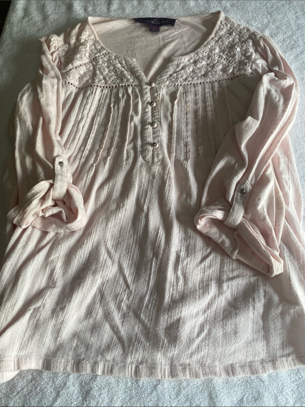 Gloria Vanderbilt Pale Pink Lace Yoke Henley Tunic